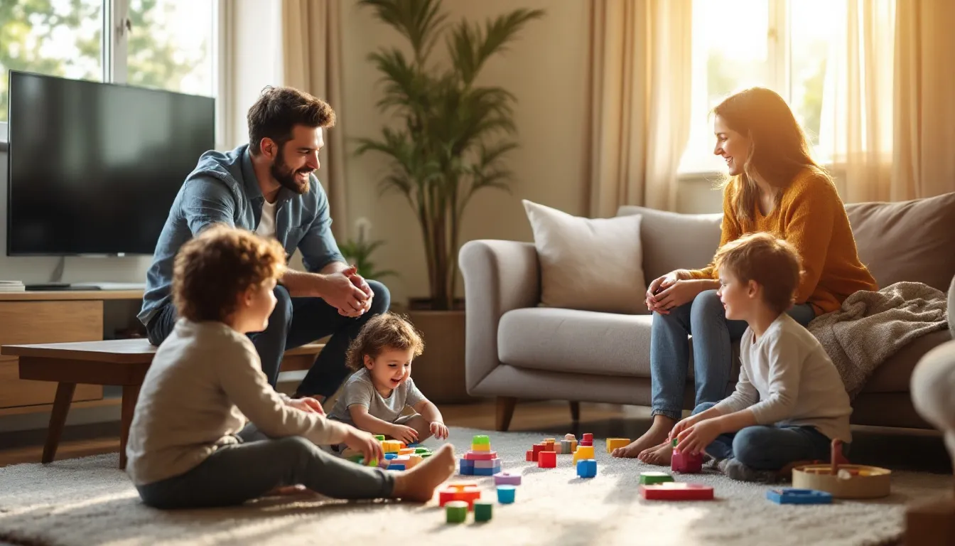 A family is gathered together in their cozy living room, enjoying quality time while playing games and sharing laughter, highlighting the importance of work-life balance and personal time. This scene reflects a joyful moment that emphasizes the value of spending time with loved ones, supporting mental health and creating cherished memories.
